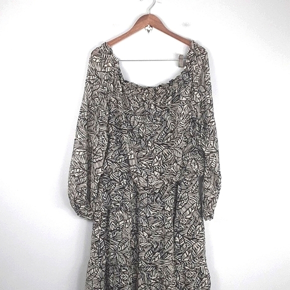 Metrostyle Palm Print Black Tan Boho Cottagecore Milkmaid Midi Long Sleeve Dress - Picture 1 of 10